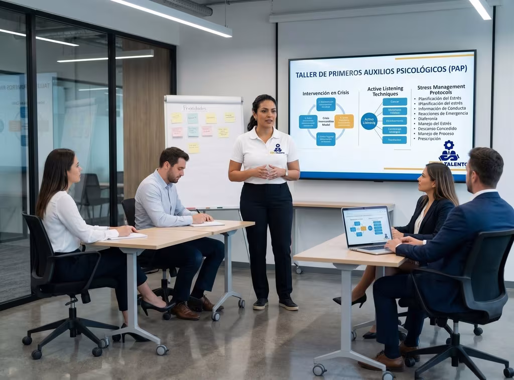 Instructora de SICA-TALENTO impartiendo curso de primeros auxilios psicologicos y gestion de crisis en la empresa
