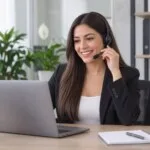 Ejecutiva de ventas telefónicas realizando prospección comercial y seguimiento de clientes desde una oficina moderna