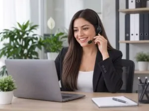 Ejecutiva de ventas telefónicas realizando prospección comercial y seguimiento de clientes desde una oficina moderna