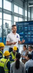Capacitación en seguridad y liderazgo industrial NOM-035 con equipo de trabajo en planta de manufactura y presentación de indicadores de cumplimiento.
