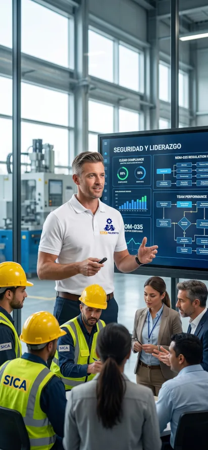 Capacitación en seguridad y liderazgo industrial NOM-035 con equipo de trabajo en planta de manufactura y presentación de indicadores de cumplimiento.